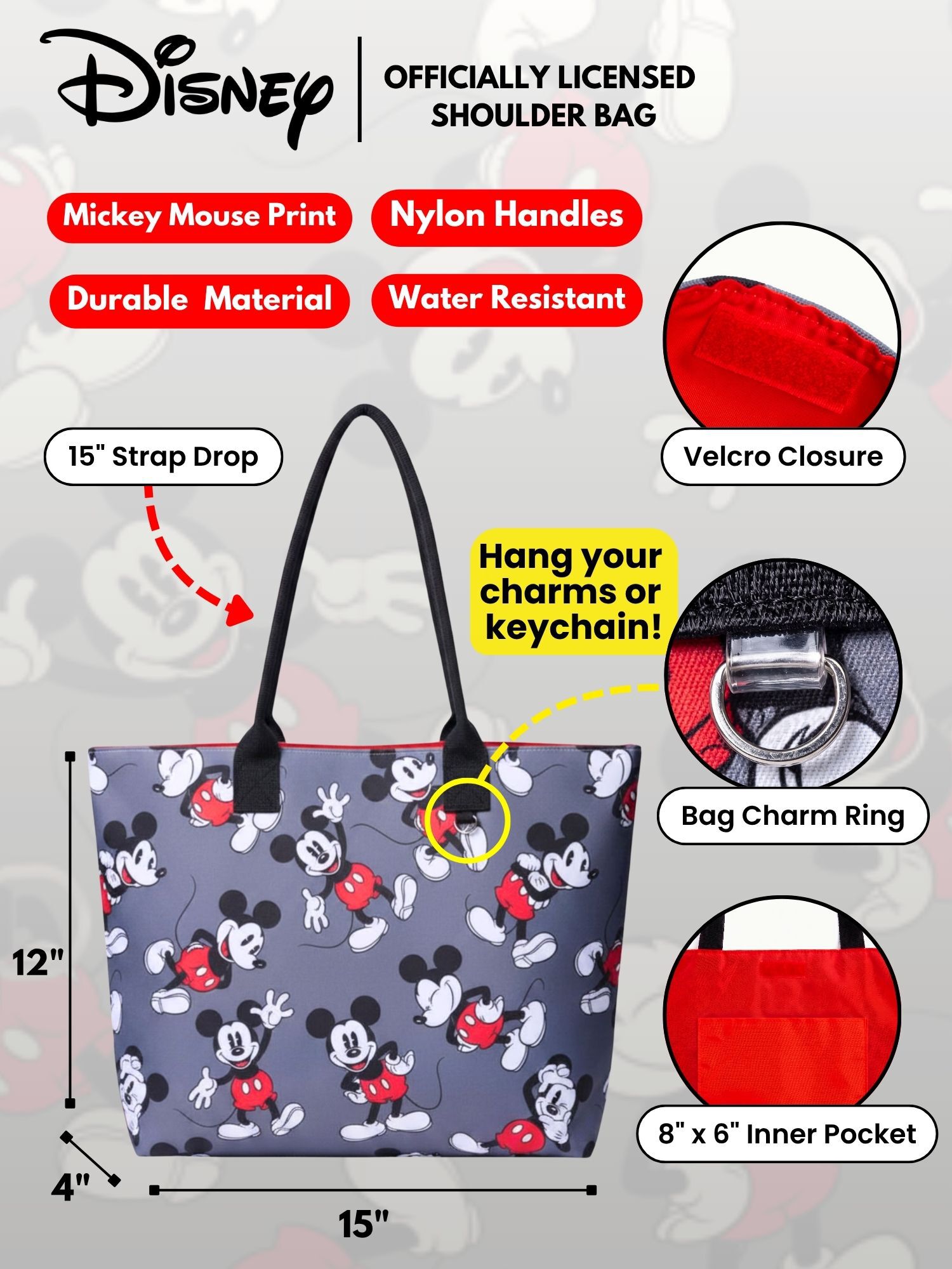 Disney Mickey Mouse Tote Bag D-Ring Charm Hook Cordura Grey Travel, GRAY, alternate image number 6