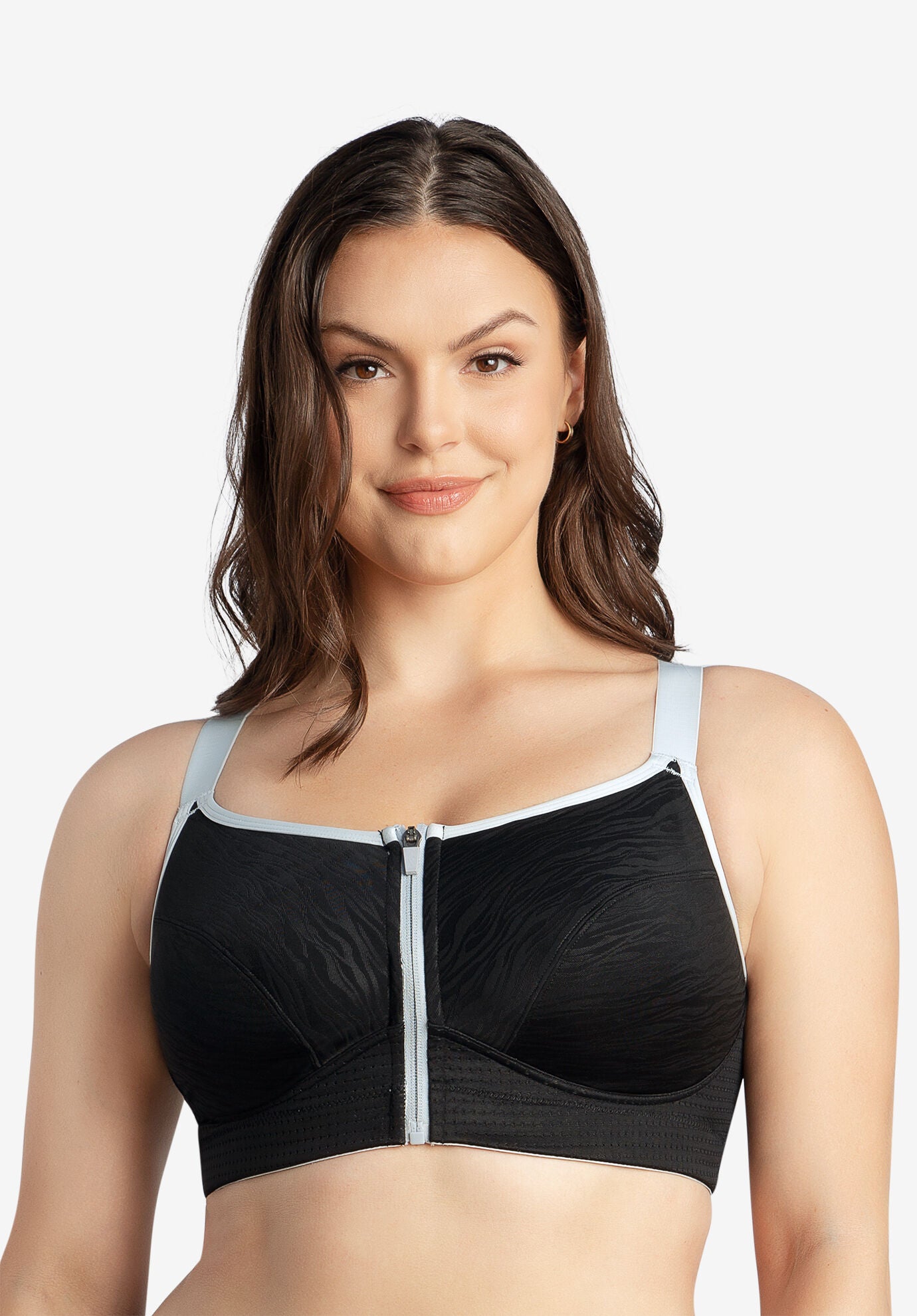 Wave Front Zipper Sports Bra, BLACK, hi-res image number 0