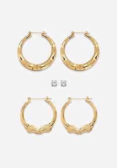 Cubic Zirconia Stud and Hoop Earring Set in Goldtone