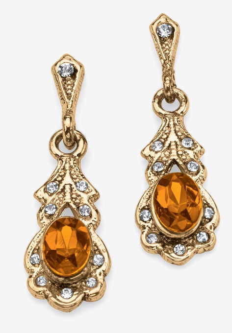 Gold Tone Antiqued Oval Cut Simulated Birthstone Vintage Style Drop Earrings, NOVEMBER, hi-res image number null