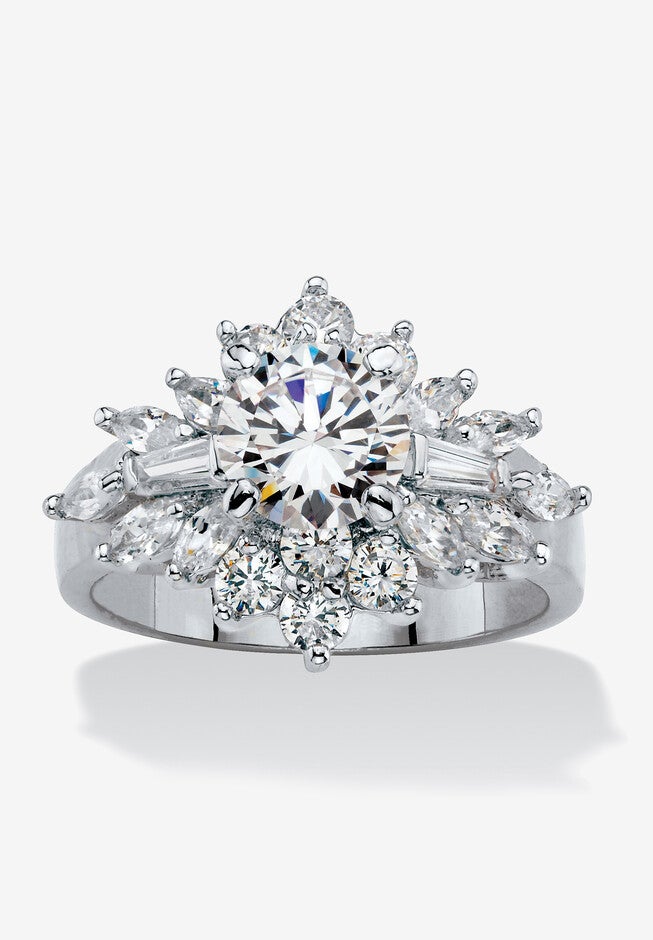 Platinum Plated Round Cluster Ring Cubic Zirconia (3 5/8 cttw TDW), PLATINUM, hi-res image number 0