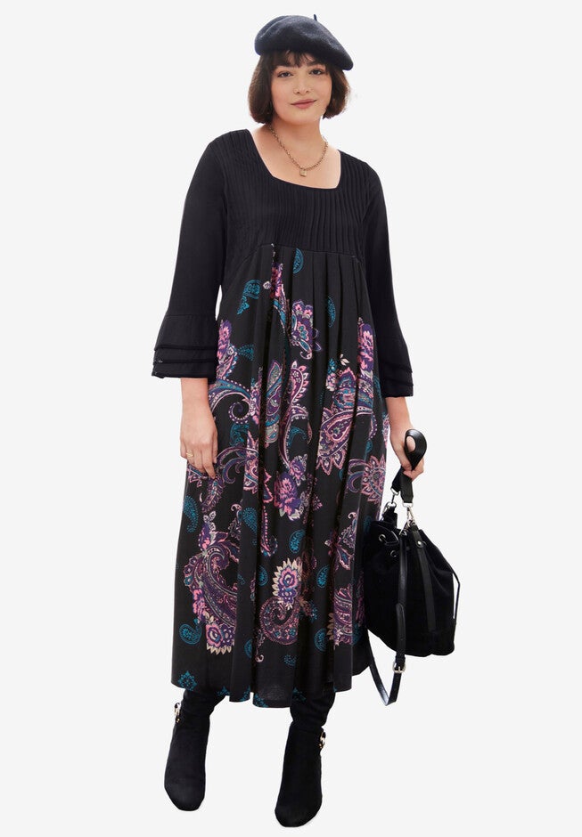 Ruffle Sleeve Dress, BLACK DEEP CLARET PAISLEY BORDER, hi-res image number null