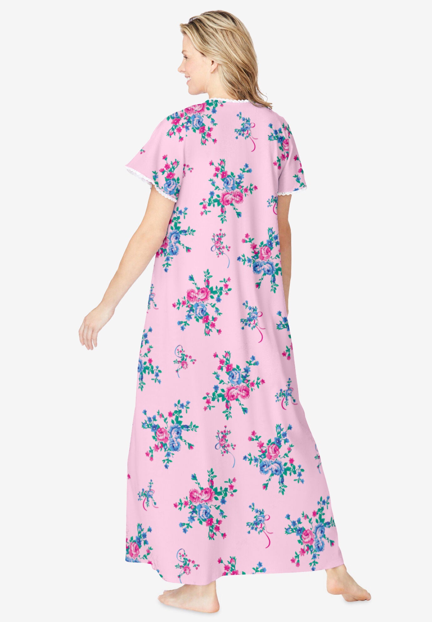 Long Pintuck Knit Gown, PINK FLORAL, on-hover image number 1