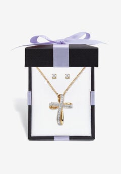 Yellow Gold-Plated Cross Pendant with Genuine Diamond Accent on 18" Chain