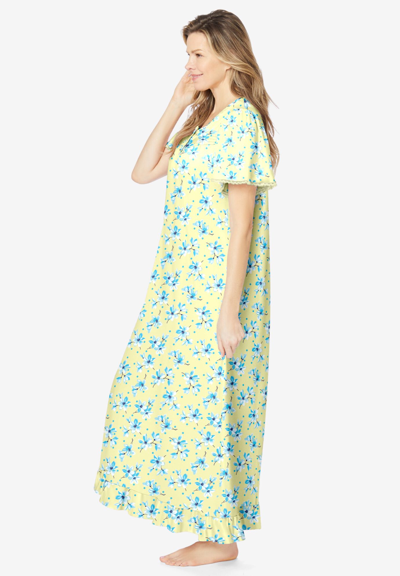 Long Floral Print Cotton Gown, BANANA BLOSSOM, alternate image number 2