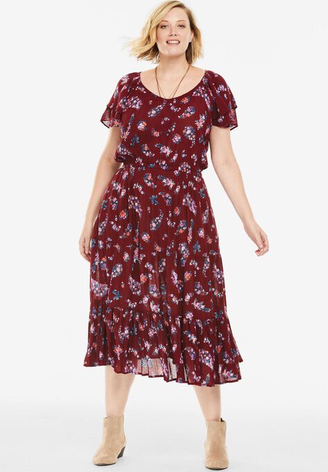 Flutter Sleeve Tiered Crinkle Dress Plus Size Casual Dresses