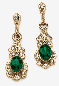Gold Tone Antiqued Oval Cut Simulated Birthstone Vintage Style Drop Earrings