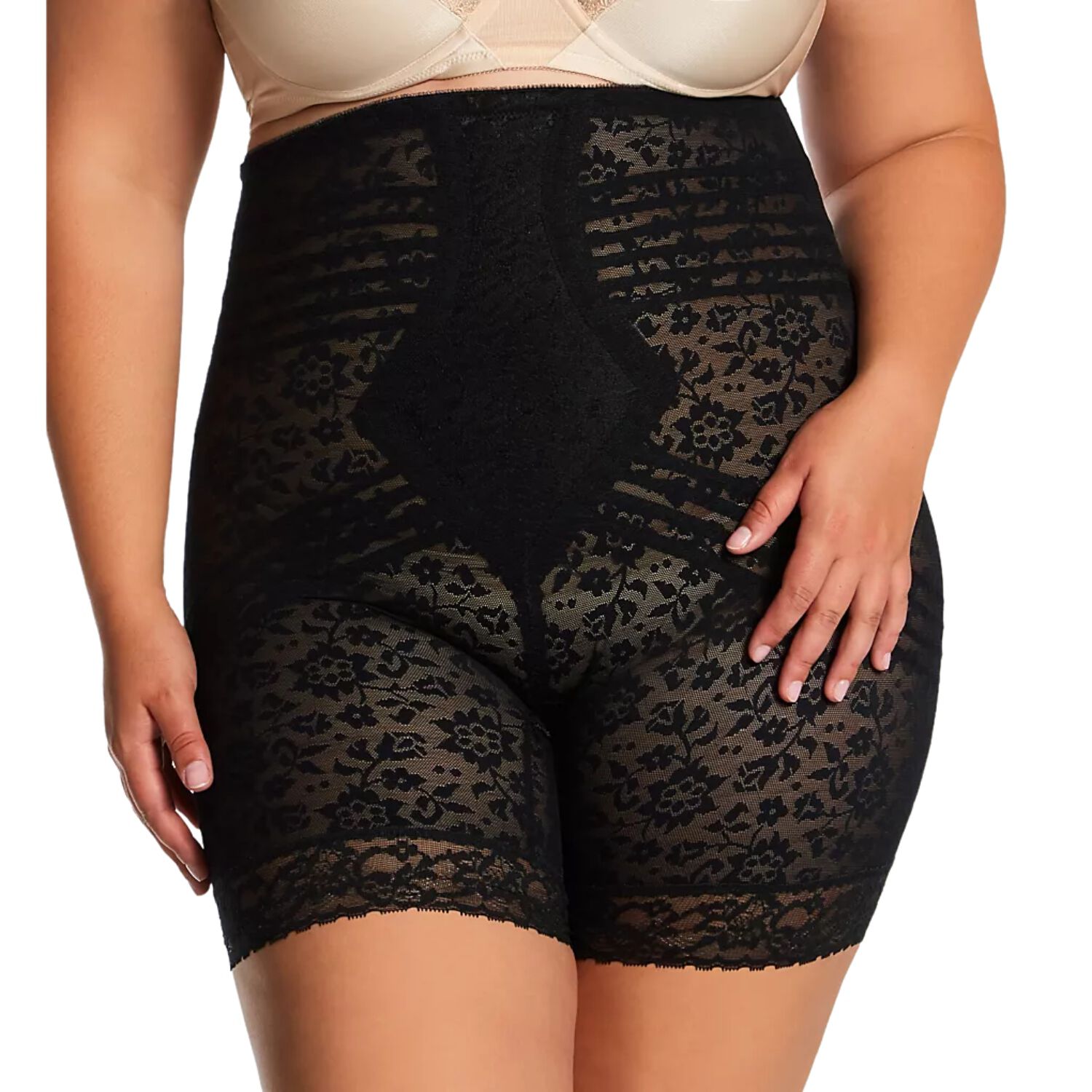No Roll High Waist Lace Thigh Slimmer with Extra Firm Support, BLACK, alternate image number 2