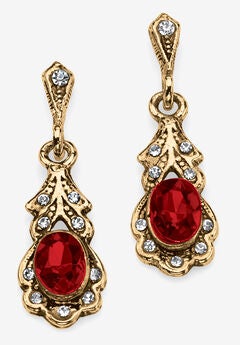 Gold Tone Antiqued Oval Cut Simulated Birthstone Vintage Style Drop Earrings