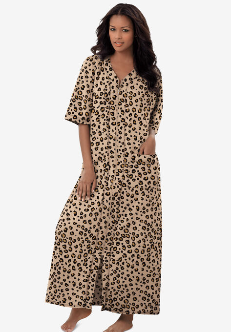 Long French Terry Zip-Front Robe, CLASSIC LEOPARD, hi-res image number null