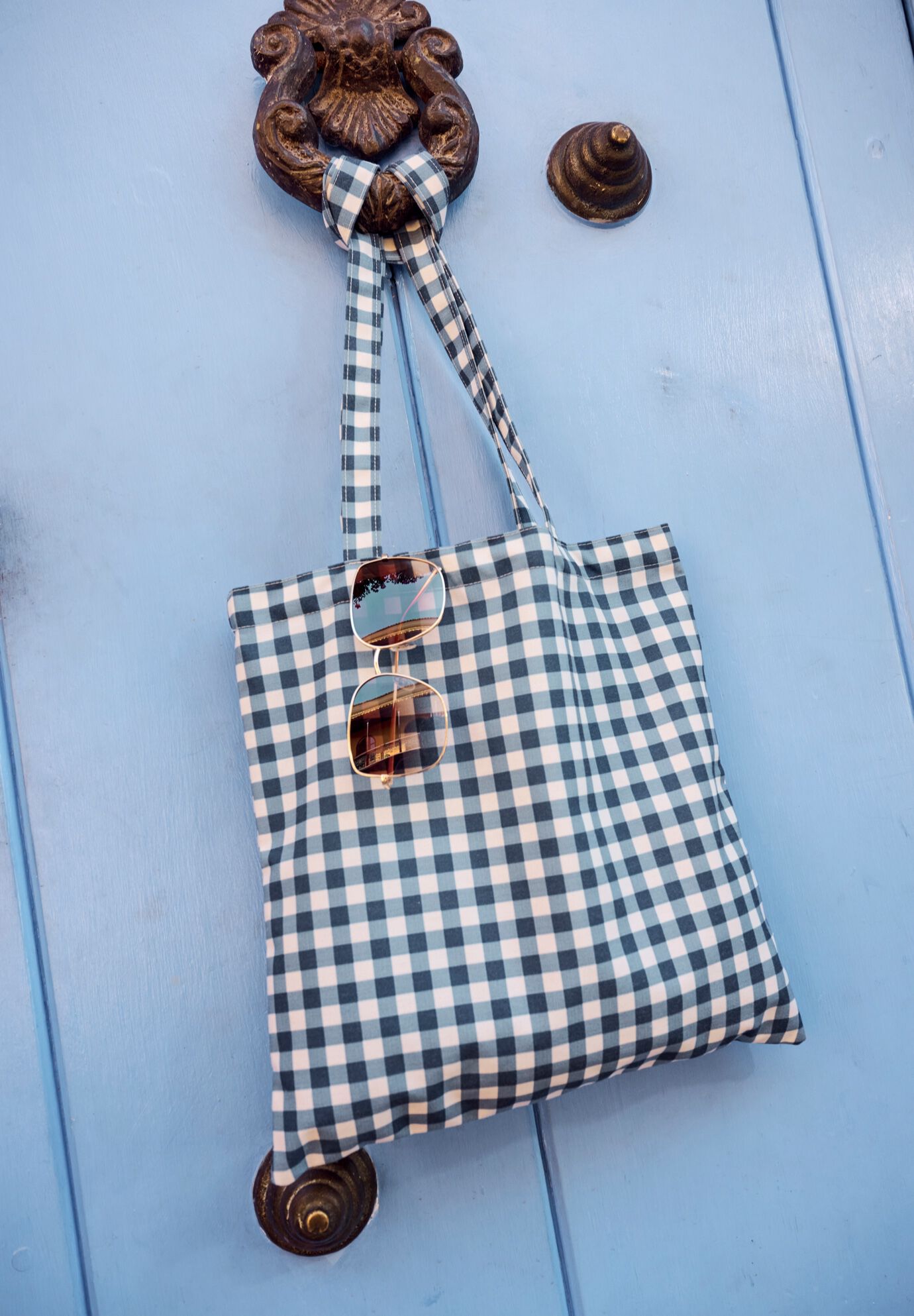 Printed Tote, NAVY GINGHAM, on-hover image number 1