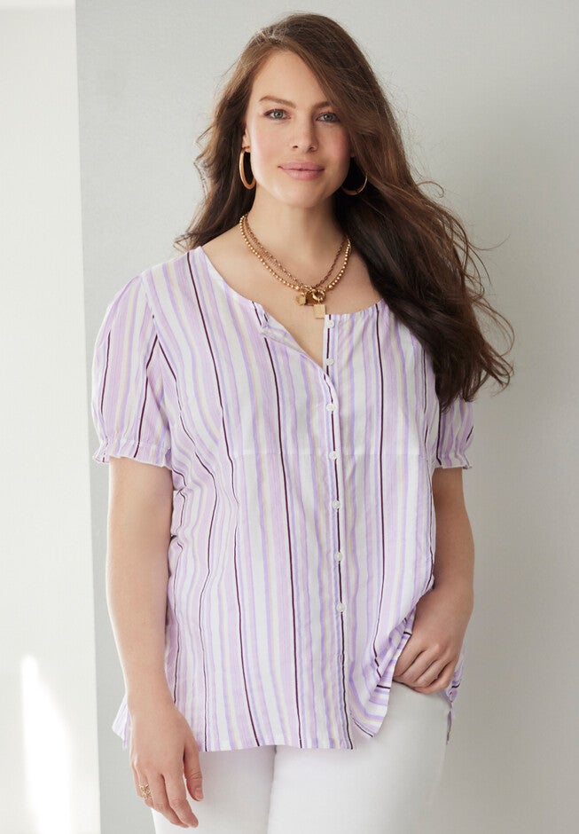 Button-Front Tunic, SOFT IRIS MULTI STRIPE, hi-res image number null
