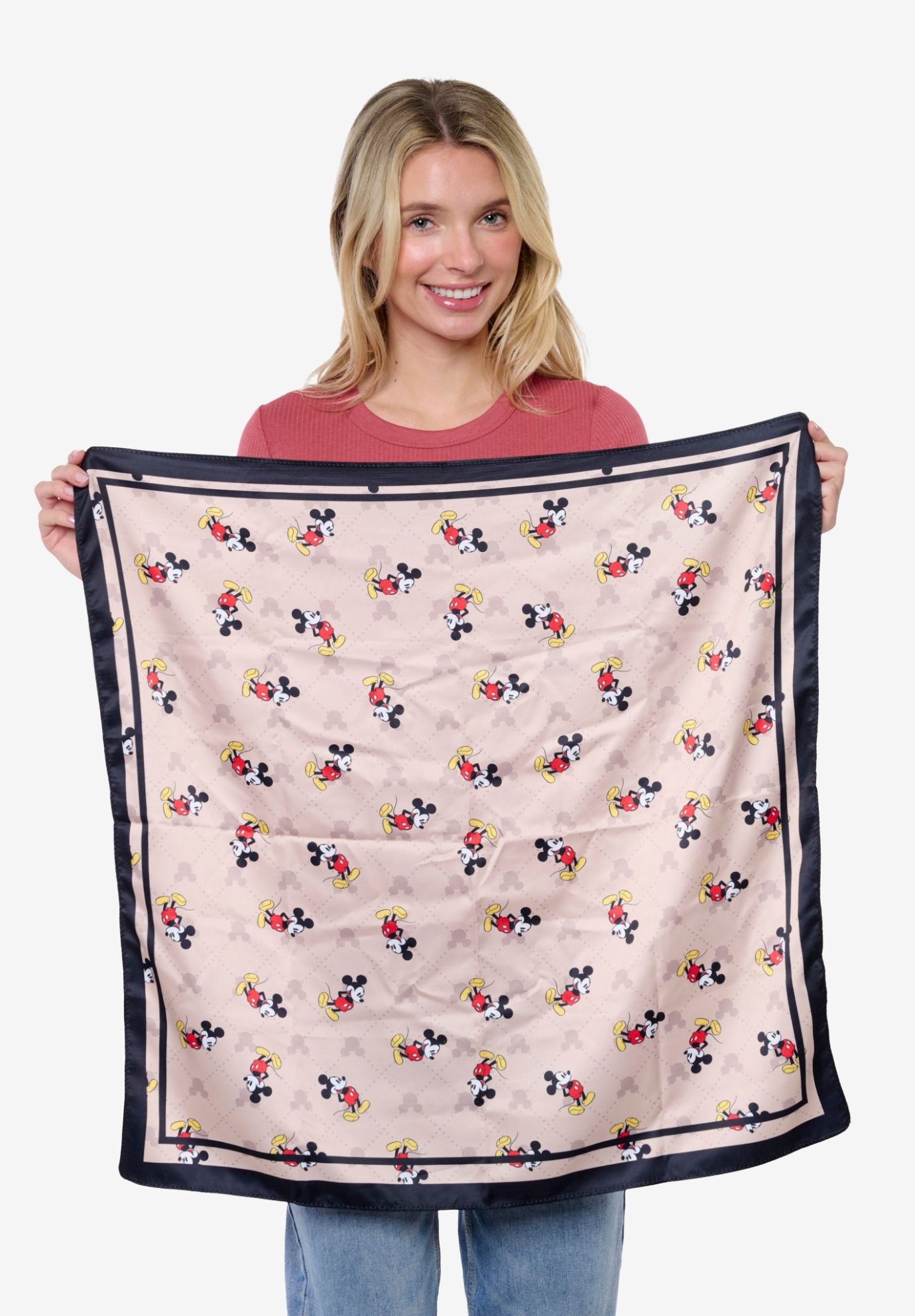 Disney Mickey Mouse Silky Scarf 27 inches x 27 inches Tan Icon Print Square Neck Tie, BLACK, alternate image number 3