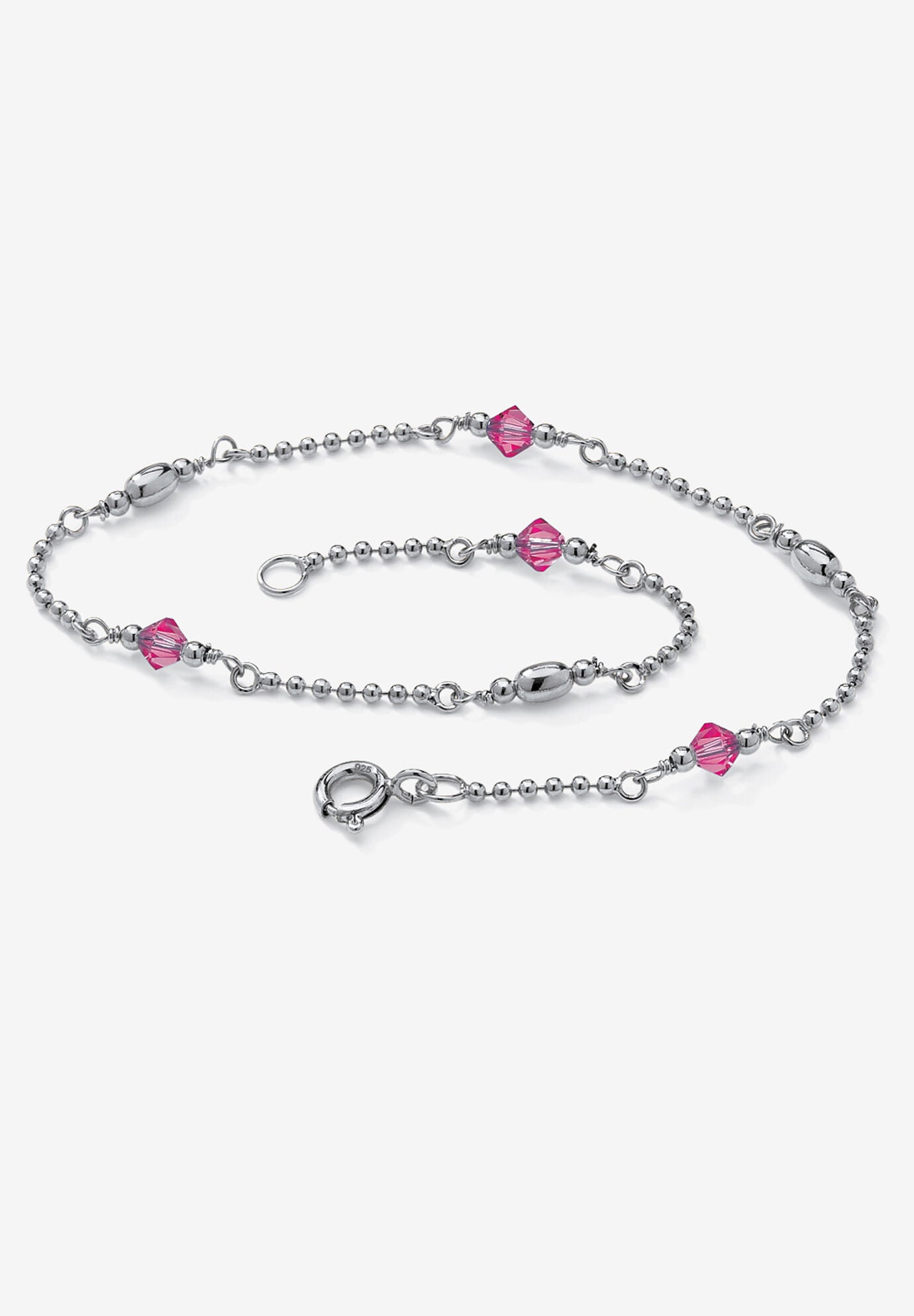 Platinum Plated Silver Ankle Bracelet (2Mm), Round Simulated Birthstone 11 Inches, OCTOBER, hi-res image number 0