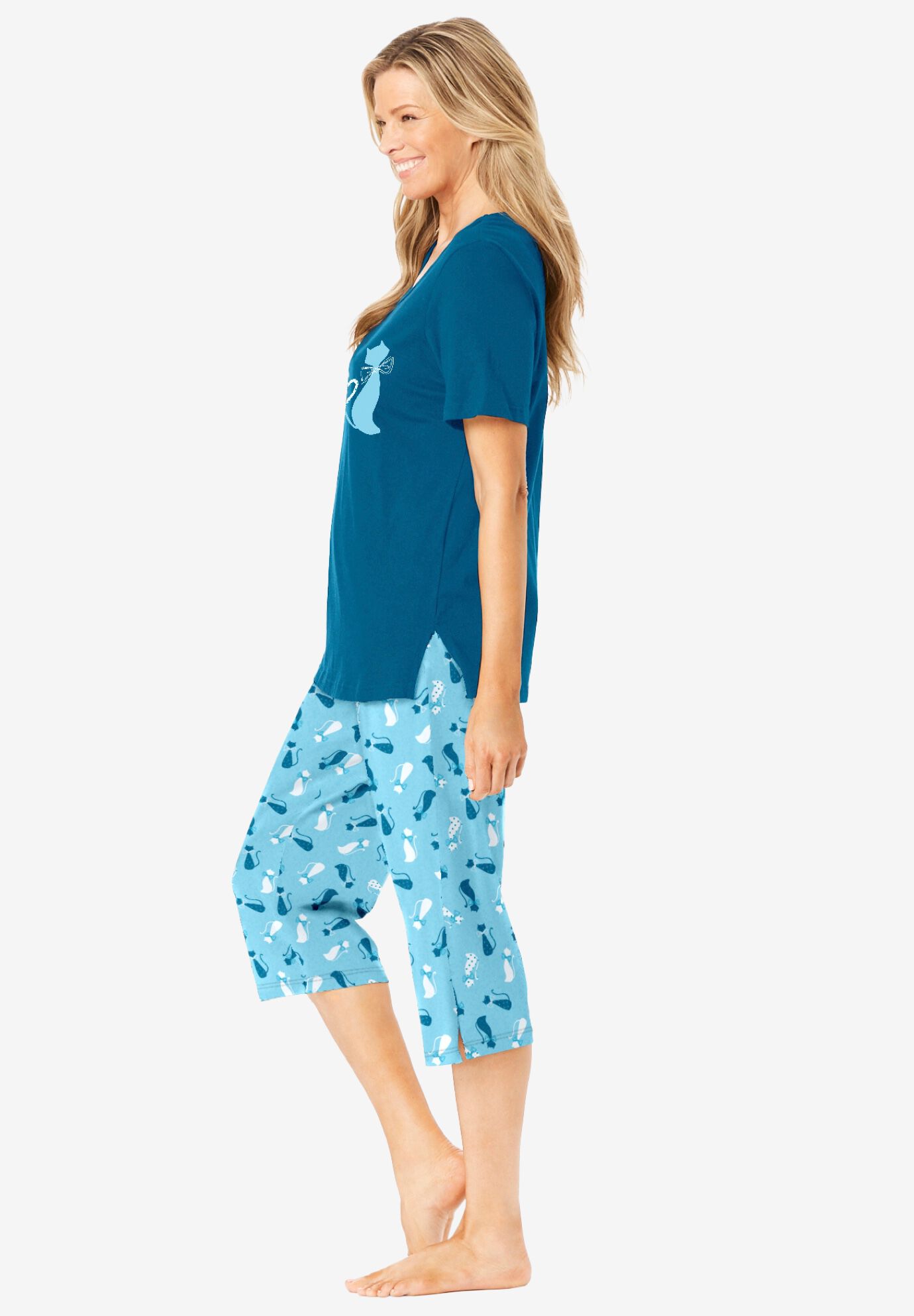 2-Piece Capri PJ Set, DEEP TEAL CAT, alternate image number 2