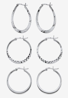 Sterling Silver Diamond Cut 3 Pair Hoop Earrings Set (33Mm)