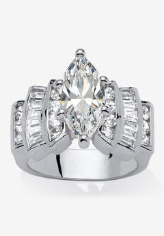 Silver Tone Marquise Cut Engagement Ring Cubic Zirconia