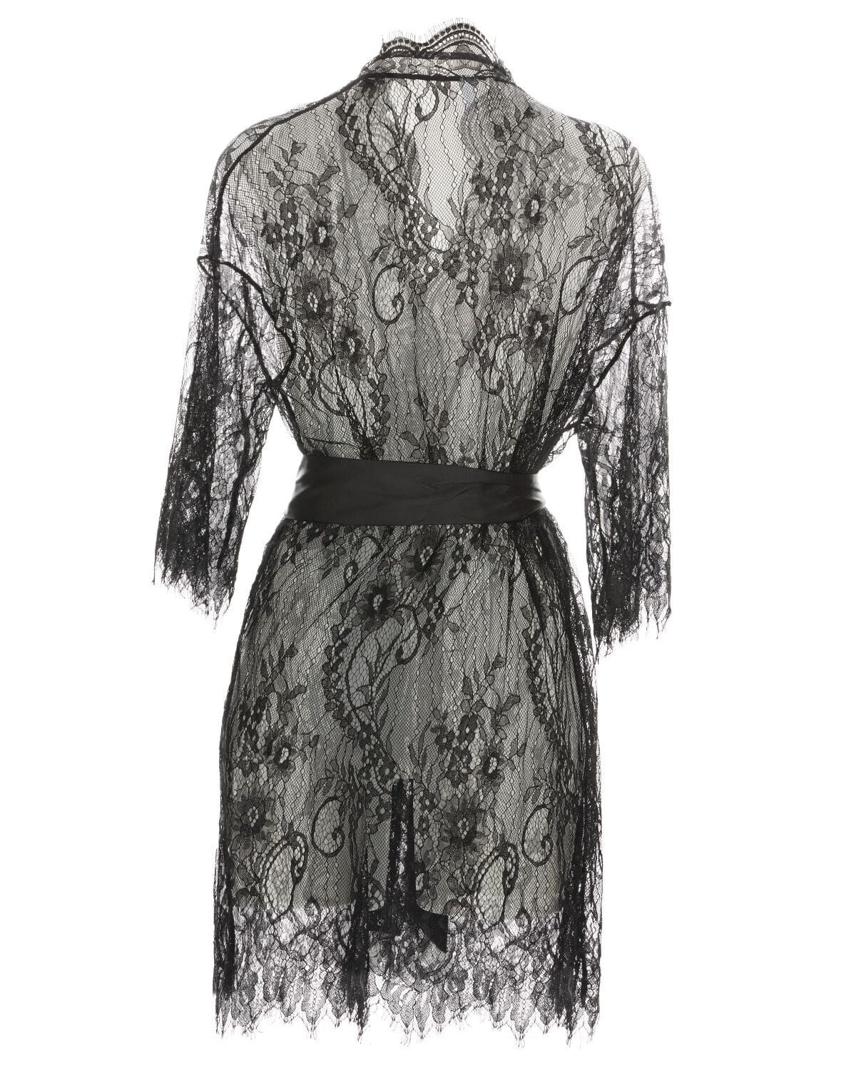 Women's Nathalie Allover Lace Kimono-Style Robe with Satin Belt, BLACK, alternate image number 4