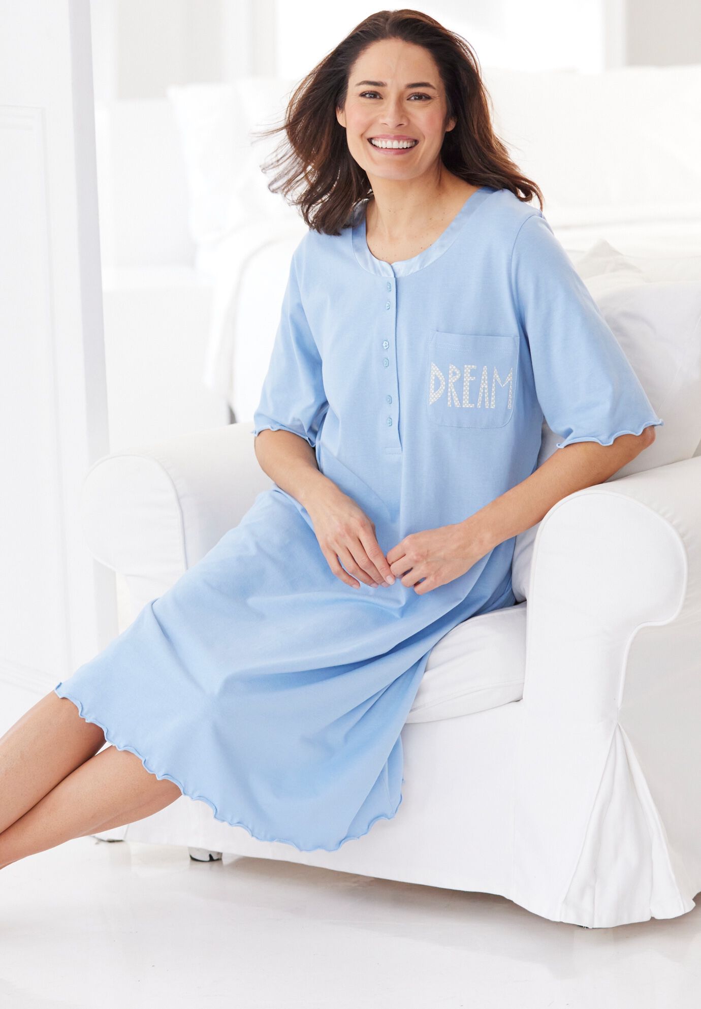 Satin Trim Cotton Sleepshirt, , alternate image number 2