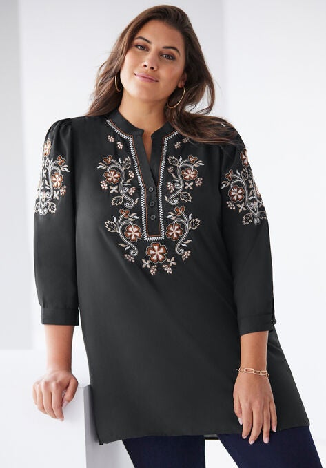 Embroidered Henley Tunic, BLACK FLORAL EMBROIDERY, hi-res image number null
