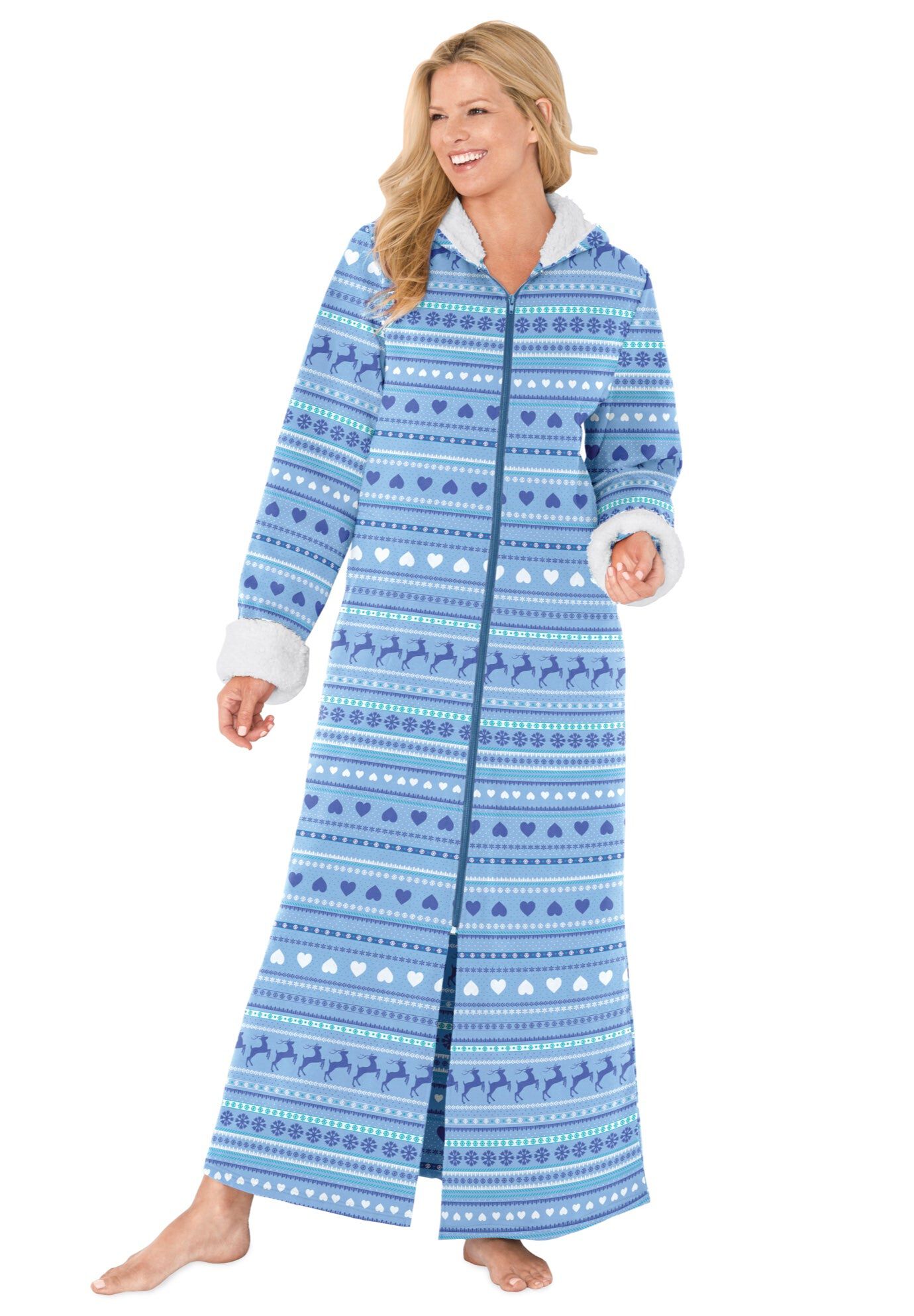 Sherpa-Lined Long Hooded Robe, SKY BLUE FAIR ISLE, hi-res image number 0