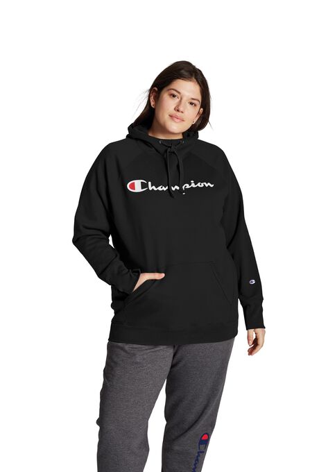 Champion Women's Plus Powerblend® Fleece Hoodie, Script Logo, BLACK, hi-res image number null