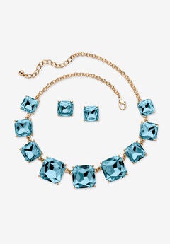 Gold Tone Necklace and Earring Set, Princess Cut Simulated Birthstones