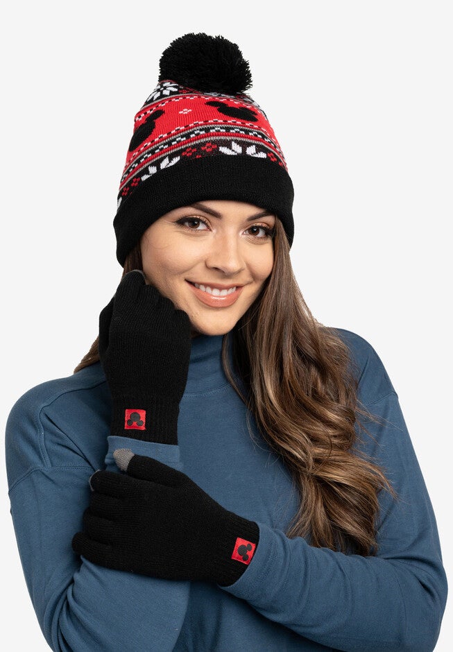 Adult Unisex Disney Mickey Mouse Knit Beanie Hat & Texting Gloves Black 2-PC Set, MULTI, hi-res image number 0