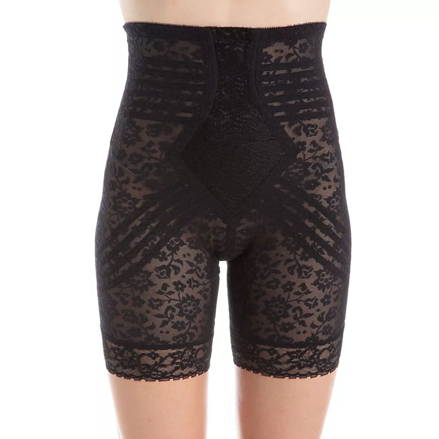 No Roll High Waist Lace Thigh Slimmer with Extra Firm Support, BLACK, hi-res image number 0