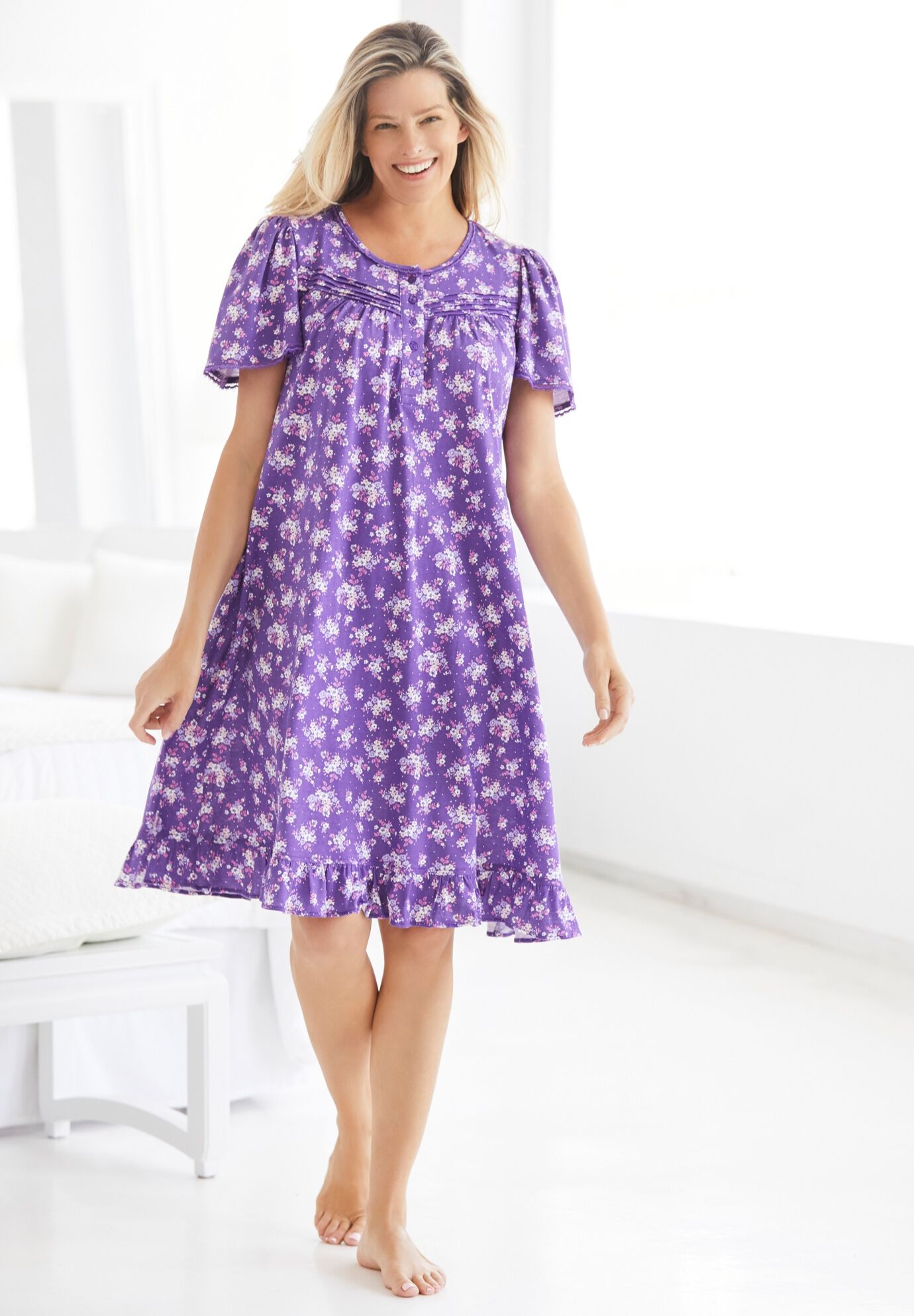 Short Floral Print Cotton Gown, , alternate image number 3