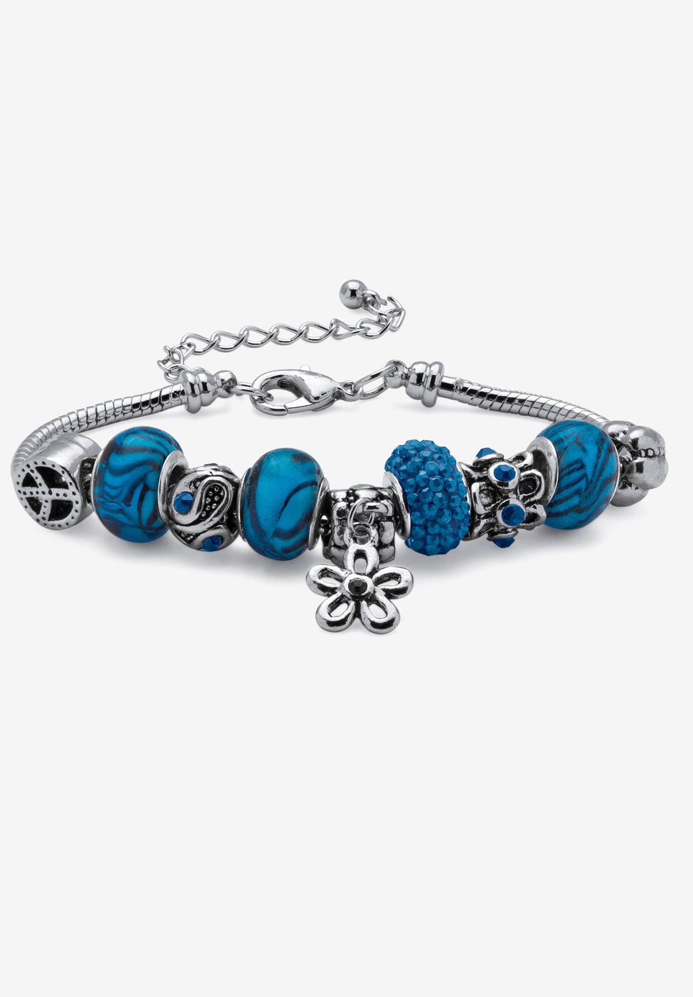 Bali Style Red Crystal Charm 8 inches Bracelet in Silvertone, SEPTEMBER, hi-res image number 0