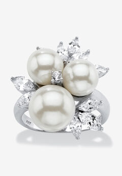 Platinum over Sterling Silver Simulated Pearl and Cubic Zirconia Ring