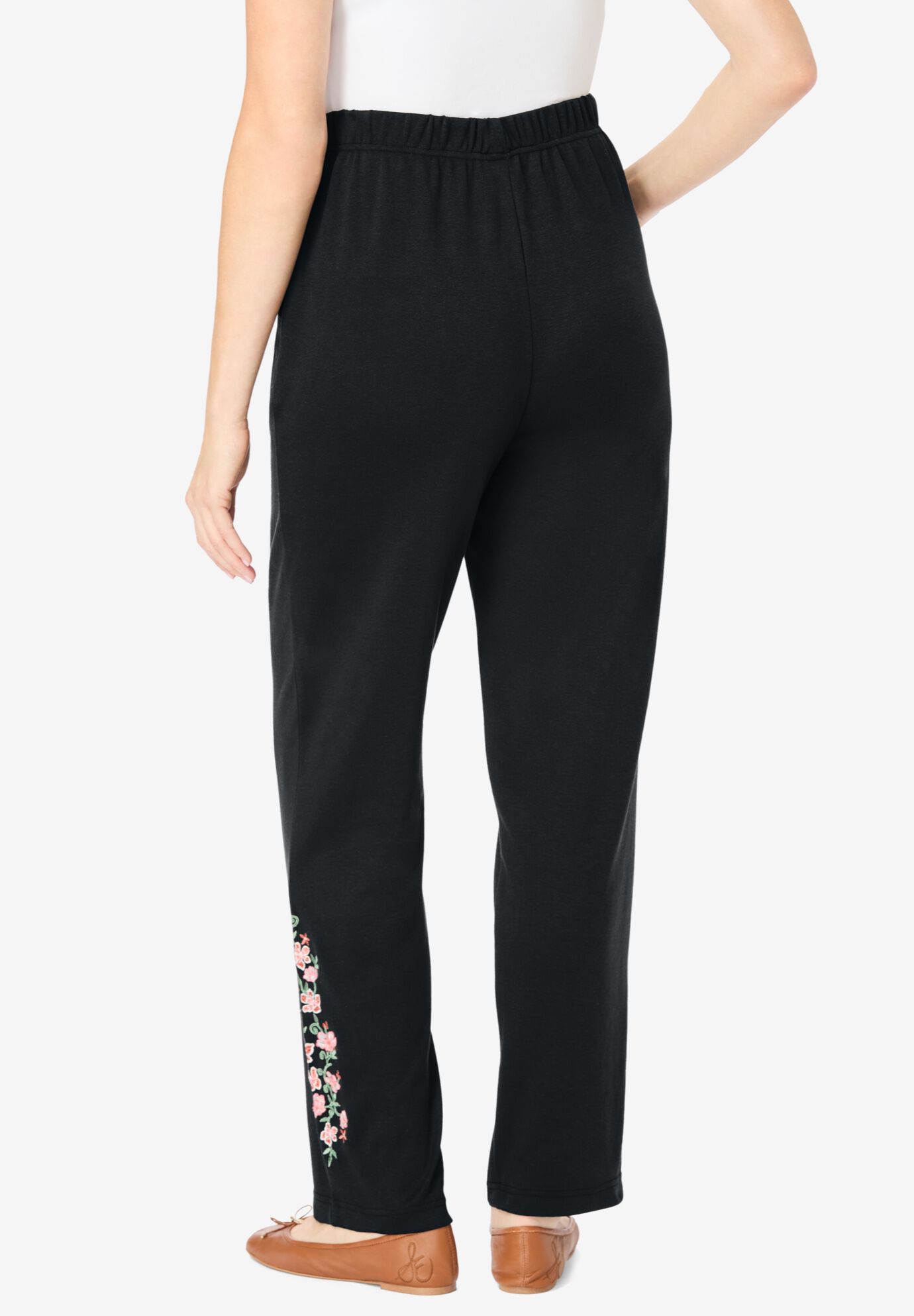 7-Day Knit Embroidered Straight-Leg Pull-On Pants, BLACK ROSE PINK FLORAL EMBROIDERY, alternate image number 2