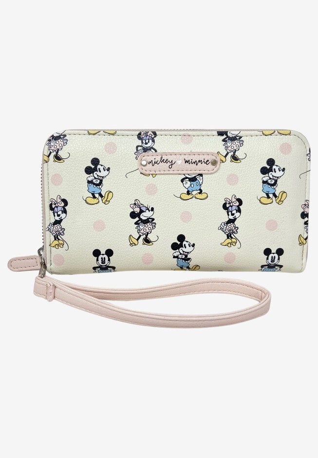 Disney Minnie Mouse Wallet All-Over Print Zip Around Pastel Wristlet Strap, BEIGE, hi-res image number 0