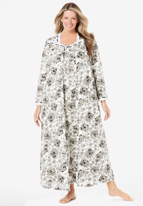 Long 2-Piece Cabbage-Rose Print Peignoir Set, BLACK WHITE FLORAL, hi-res image number null