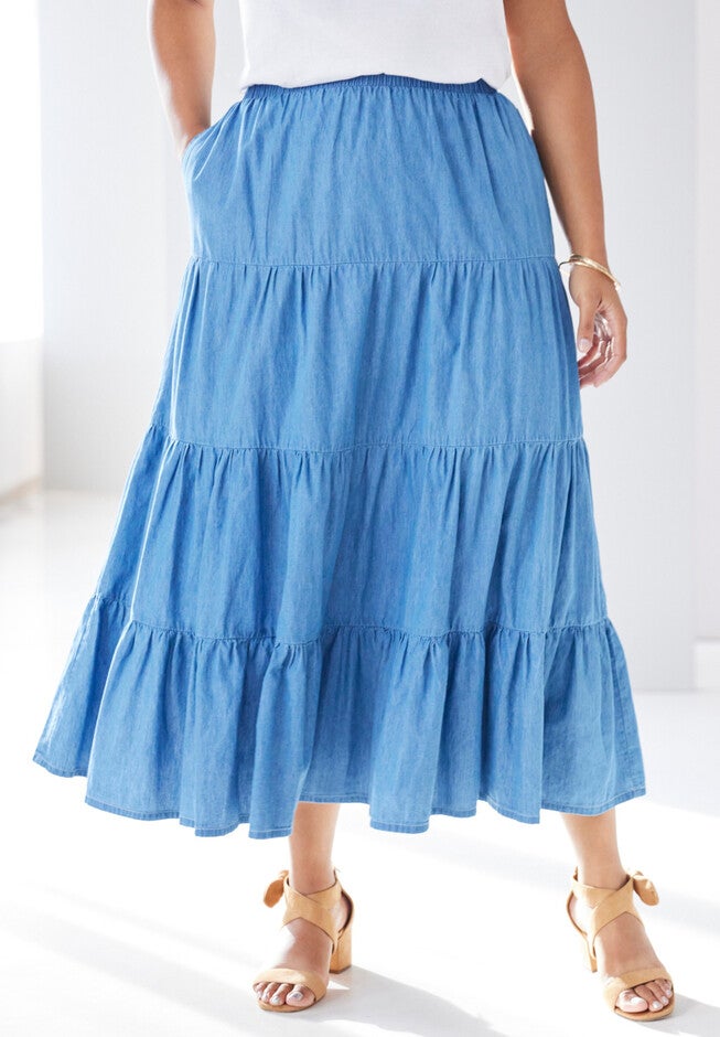 Tiered Maxi Skirt, LIGHT STONEWASH, hi-res image number null