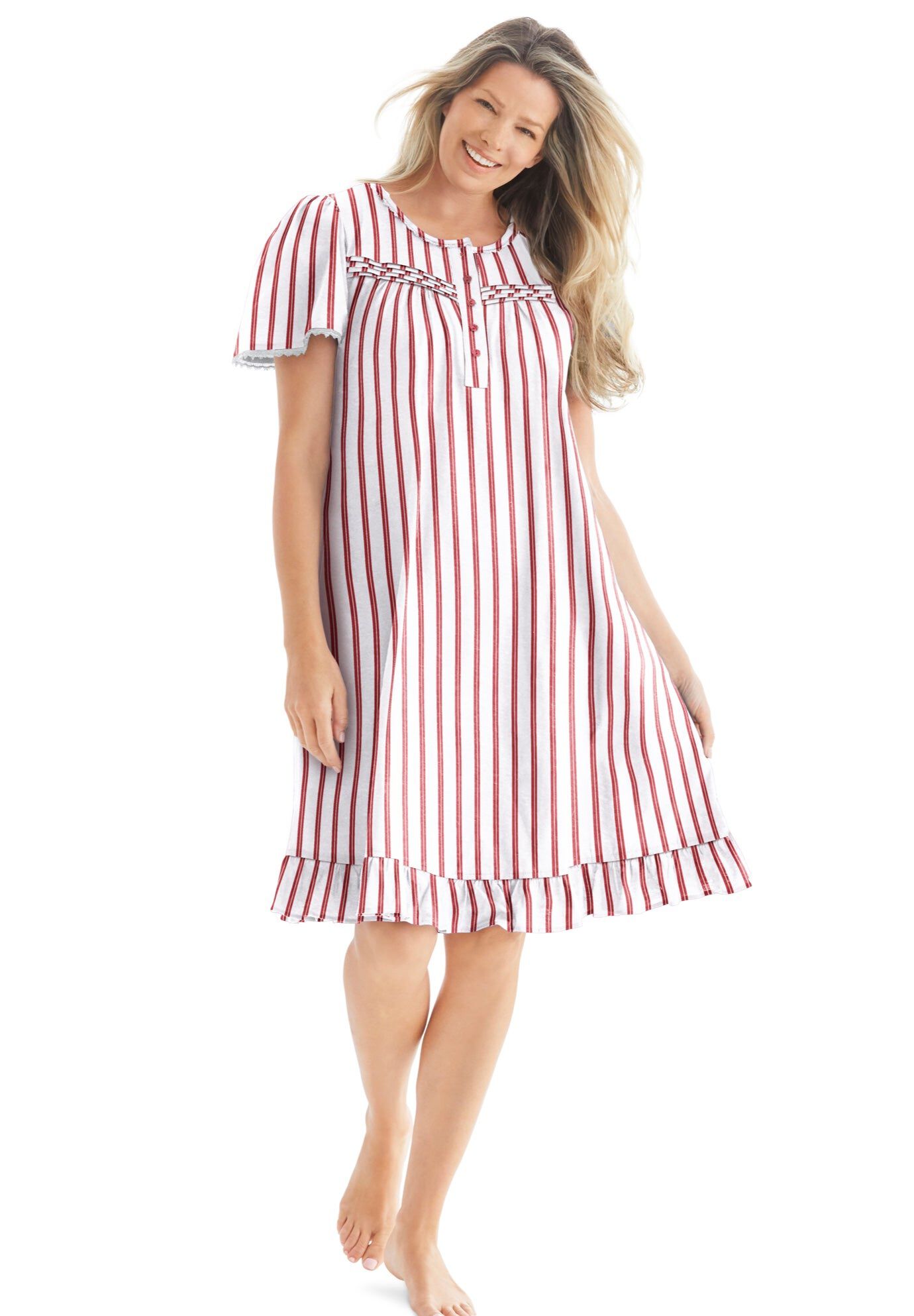Short Floral Print Cotton Gown, RED WHITE STRIPE, hi-res image number 0