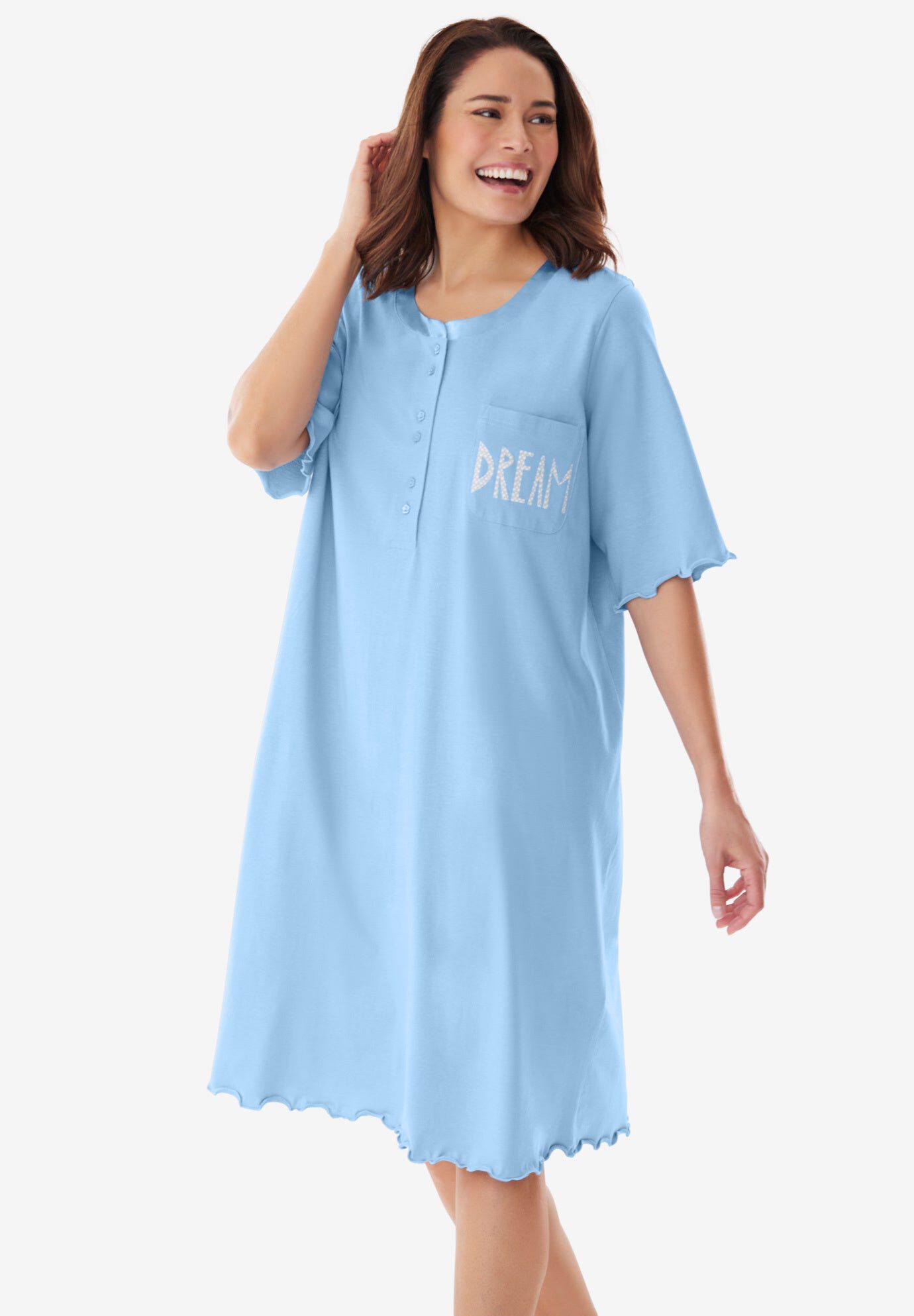 Satin Trim Cotton Sleepshirt, SKY BLUE DREAM, hi-res image number 0
