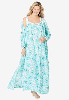 Long 2-Piece Cabbage-Rose Peignoir Set