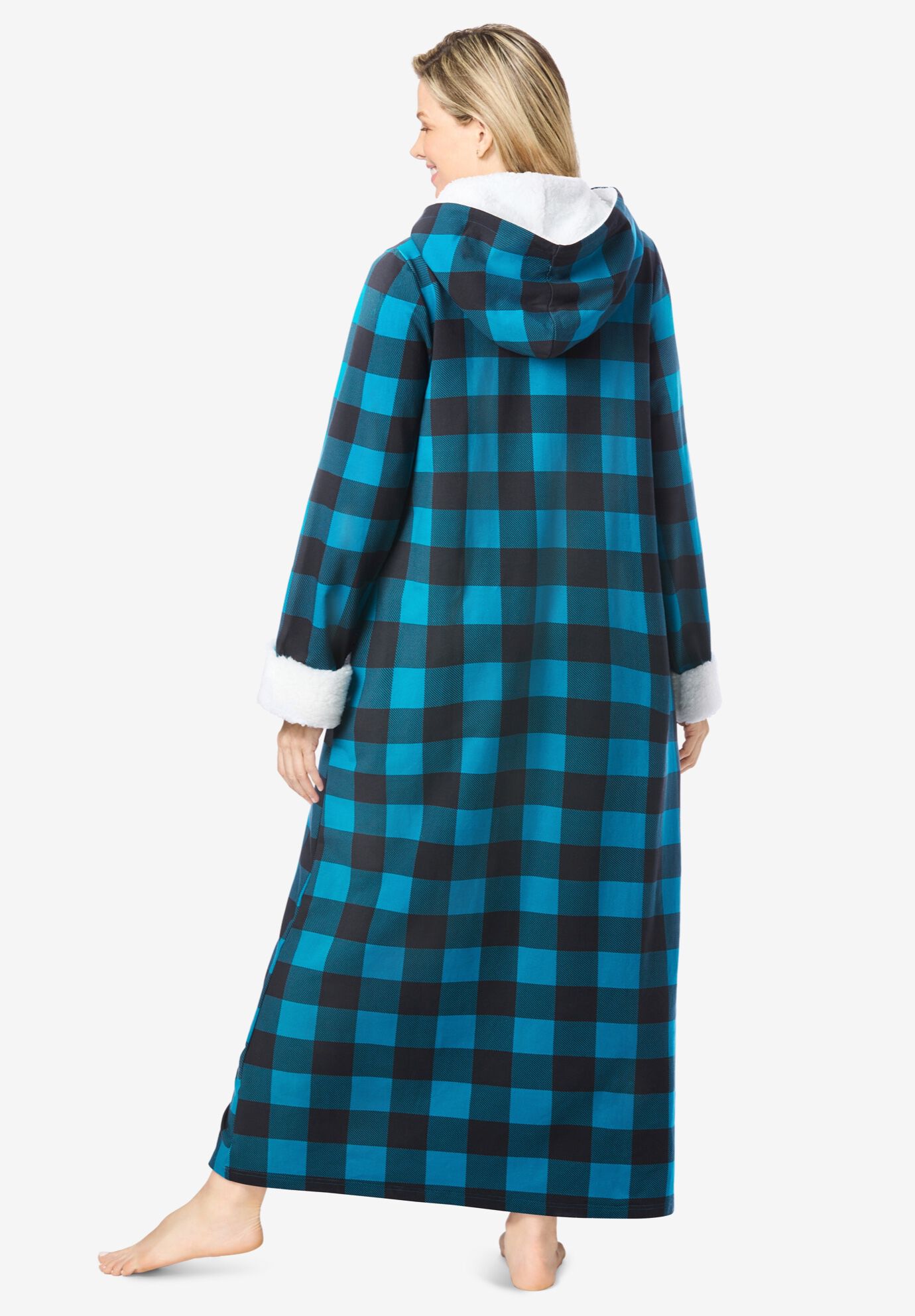 Sherpa-Lined Long Hooded Robe, DARK TURQ BUFFALO, on-hover image number 1