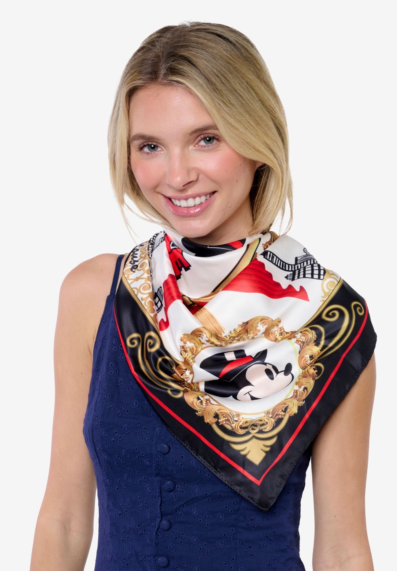 Disney Mickey Mouse Top Hat 35 inches x 35 inches Silky Square Scarf Head Wrap Neck Scarf, BLACK, hi-res image number 0