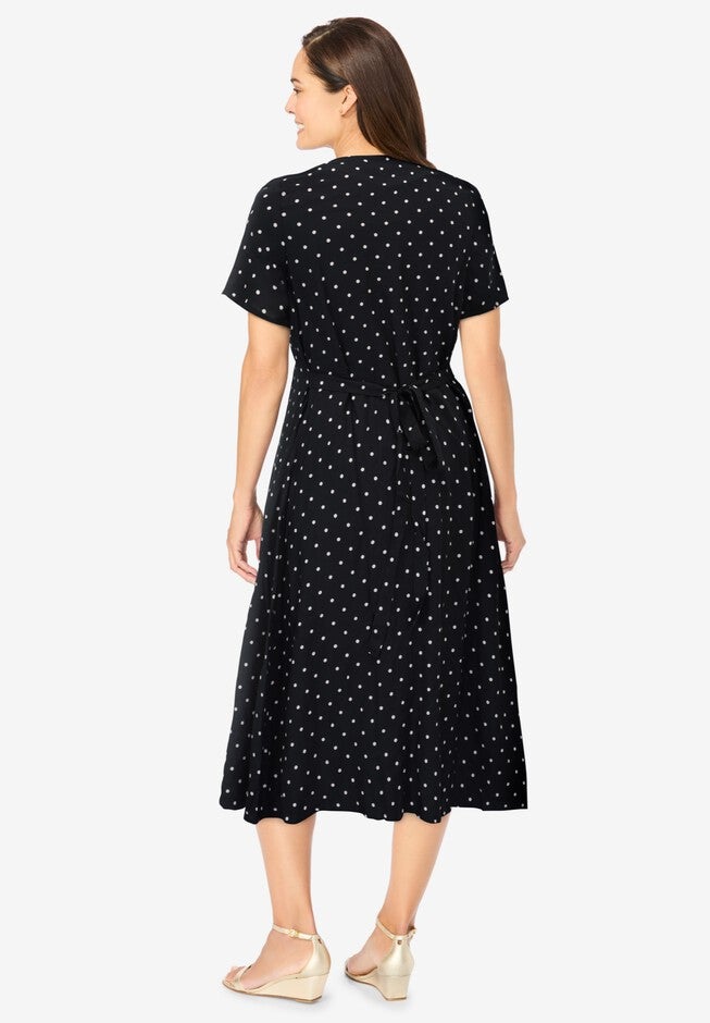 Short-Sleeve Button-Front Dress, BLACK POLKA DOT, on-hover image number 1