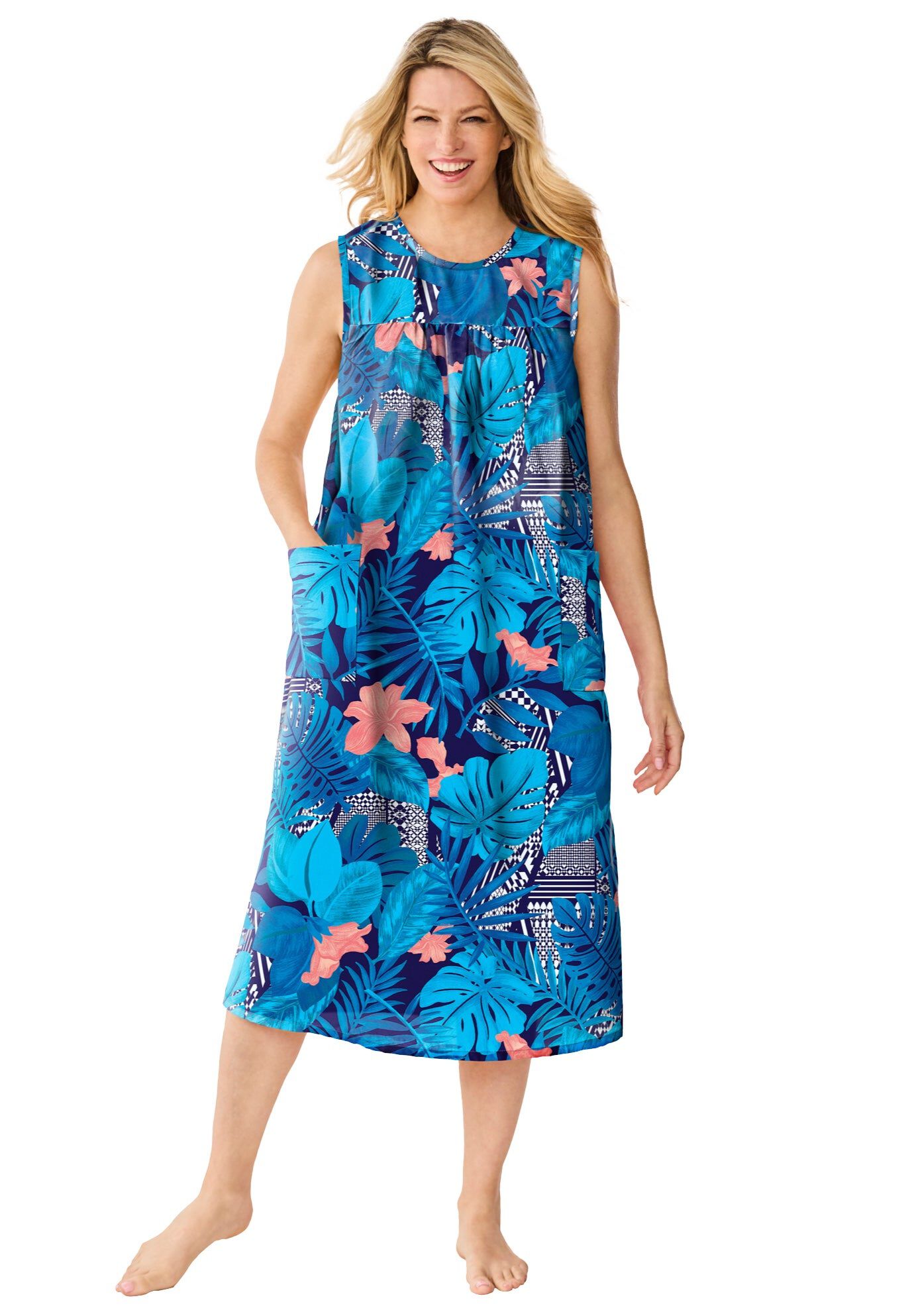 Sleeveless Print Lounger, PARADISE BLUE TROPICAL GEO, hi-res image number 0