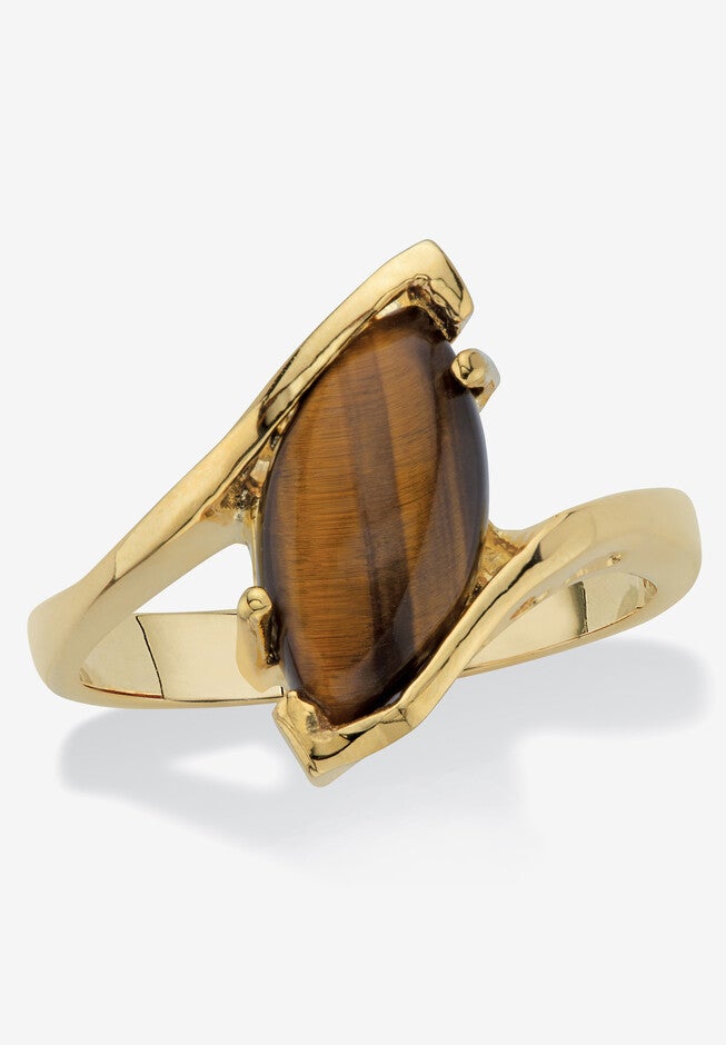 Yellow Gold-Plated Genuine Brown Tiger'S Eye Bypass Ring, BROWN, hi-res image number 0