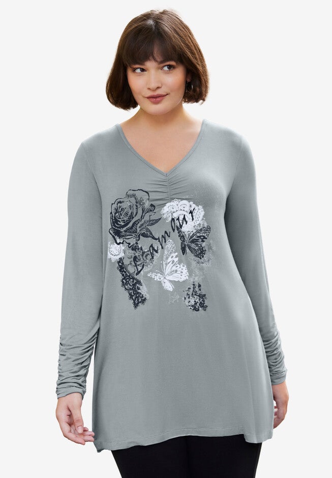 Ruched Sleeve Tunic, GUNMETAL ROSE GRAPHIC, hi-res image number null