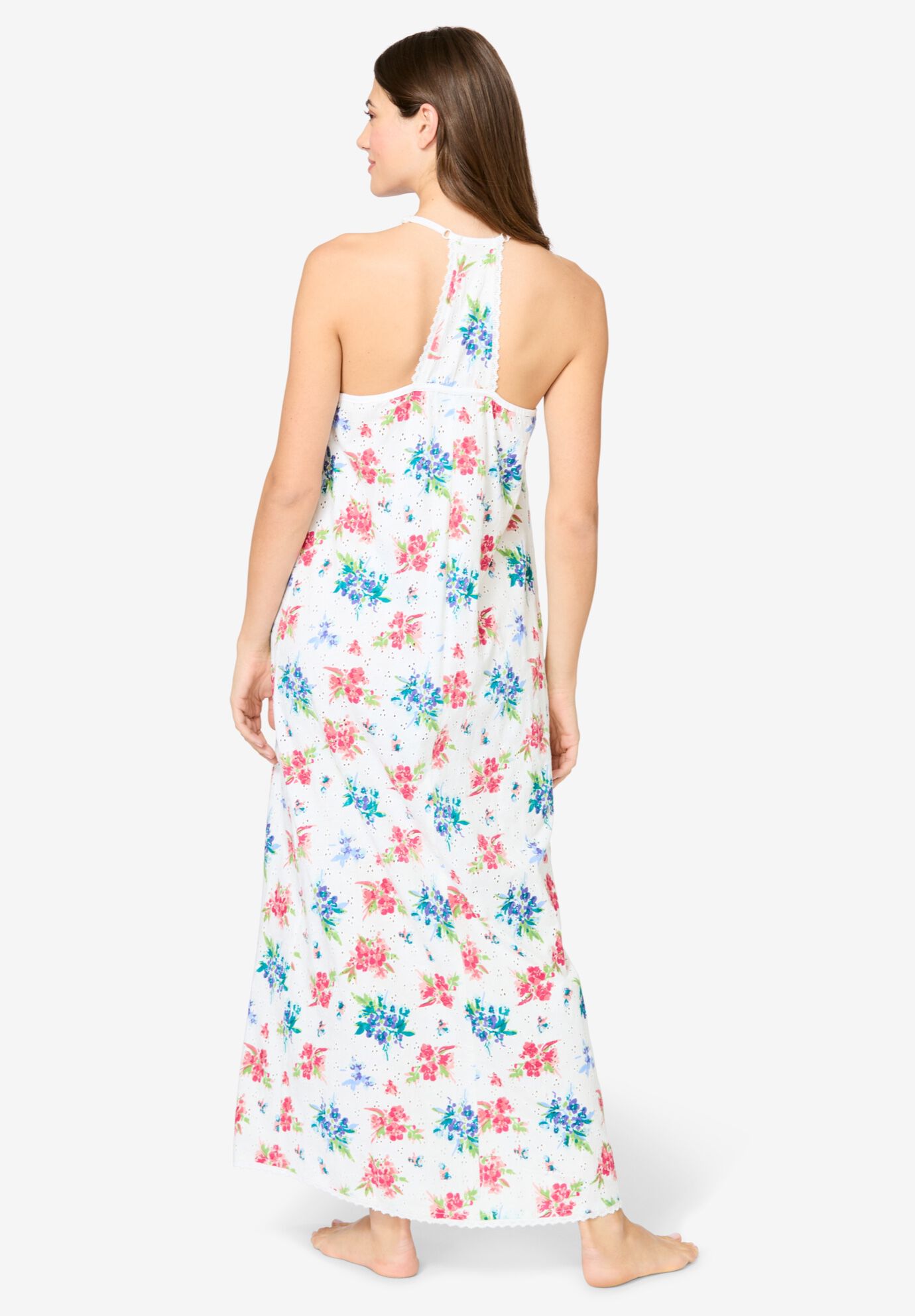 Breezy Eyelet Knit Long Nightgown, WHITE FLORAL, on-hover image number 1