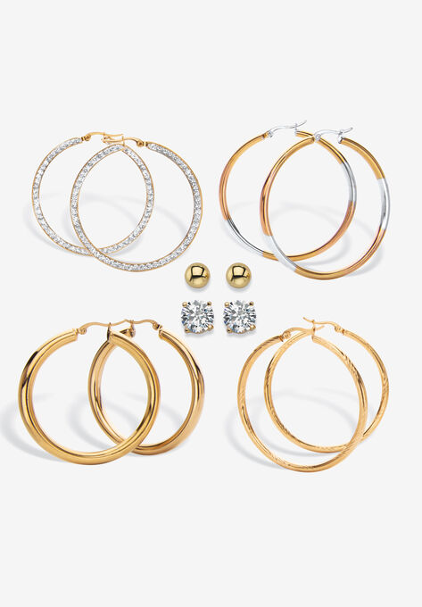Tri Tone Gold Ion Plated Stainless Hoop & Cz Stud Earring Set (50Mm) (4 Cttw) Jewelry, CRYSTAL, hi-res image number null