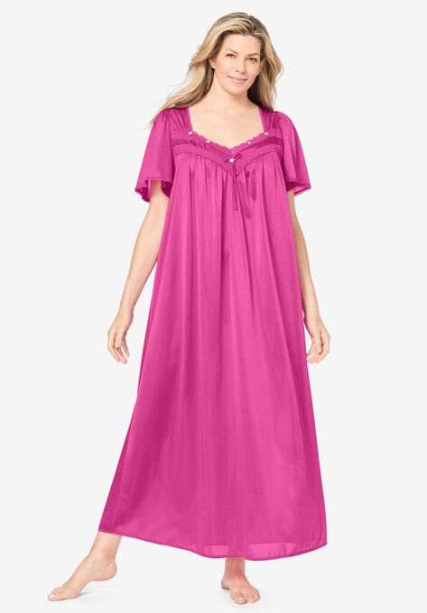 Long Silky Lace-Trim Gown , PARADISE PINK, hi-res image number null