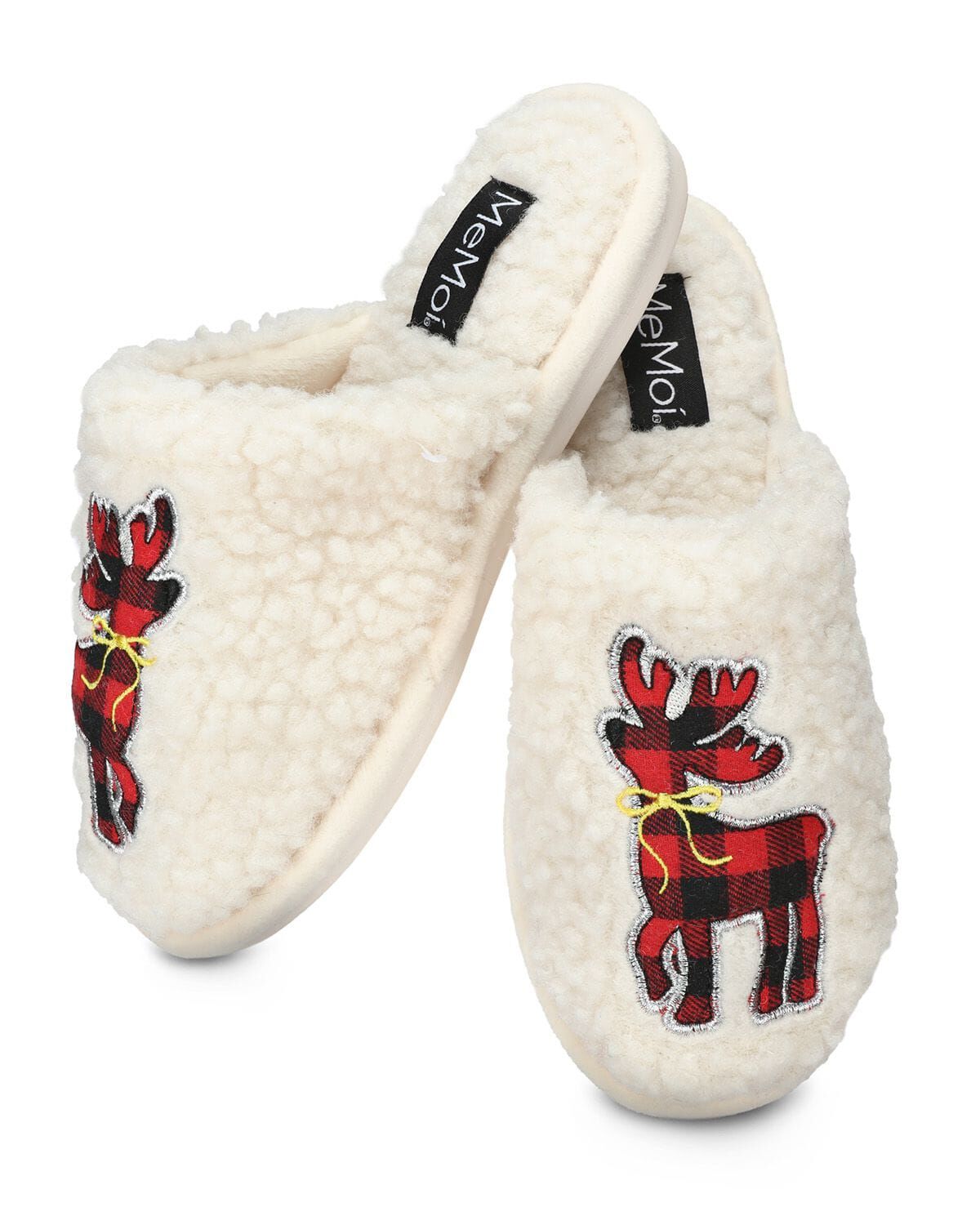 Women's Plaid Reindeer Plush Slippers, IVORY, hi-res image number 0