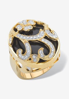 Yellow Gold-Plated Natural Black Onyx and Round Crystal Oval Ring